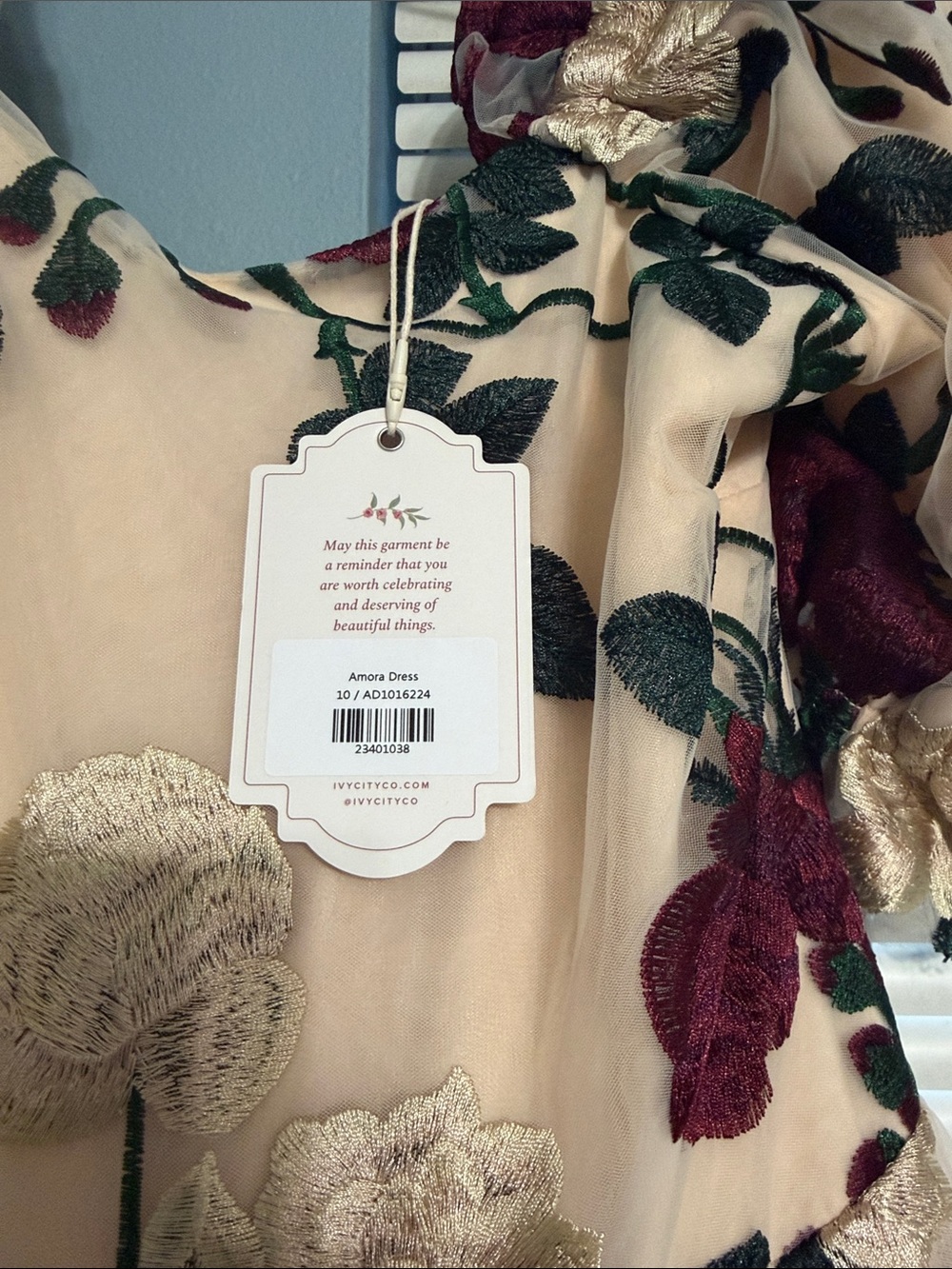 Ivy City Co Cream Midi Dress with Burgundy & Green Floral Embroidery - Picture 2 of 3
